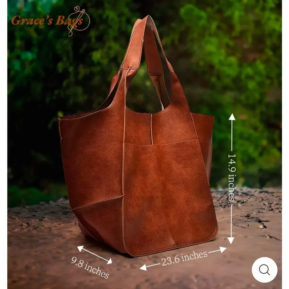 NWOT Large Chocolate Brown Faux Leather Shoulder Bag - Picture 3 of 10